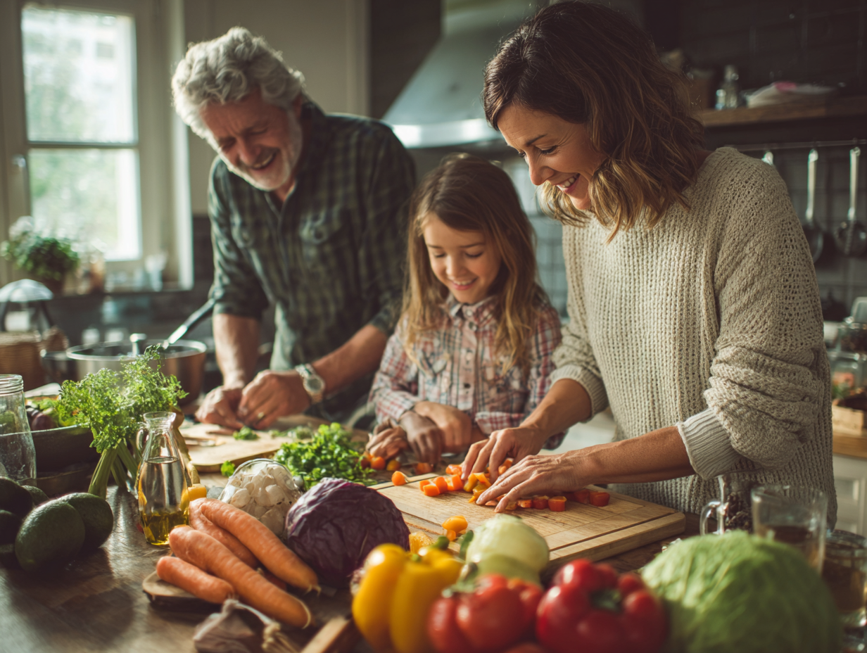 Сім'я готує здорову їжу разом